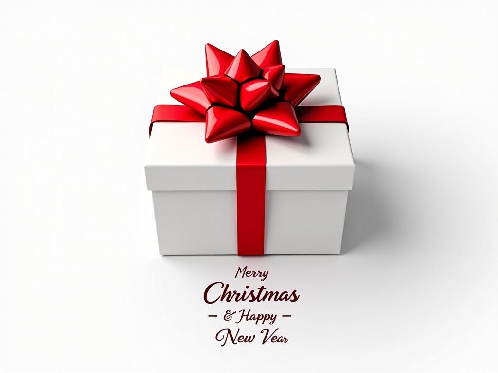 A white gift box is seen from a top view perspective. It features a vibrant red bow sitting atop it with a glossy finish. The box is wrapped with a wide, horizontal red ribbon that encircles it perfectly. The background is clean and bright, enhancing the festive feel. The words 'Merry Christmas & Happy New Year' are stylishly printed below the box, adding a cheerful holiday message.