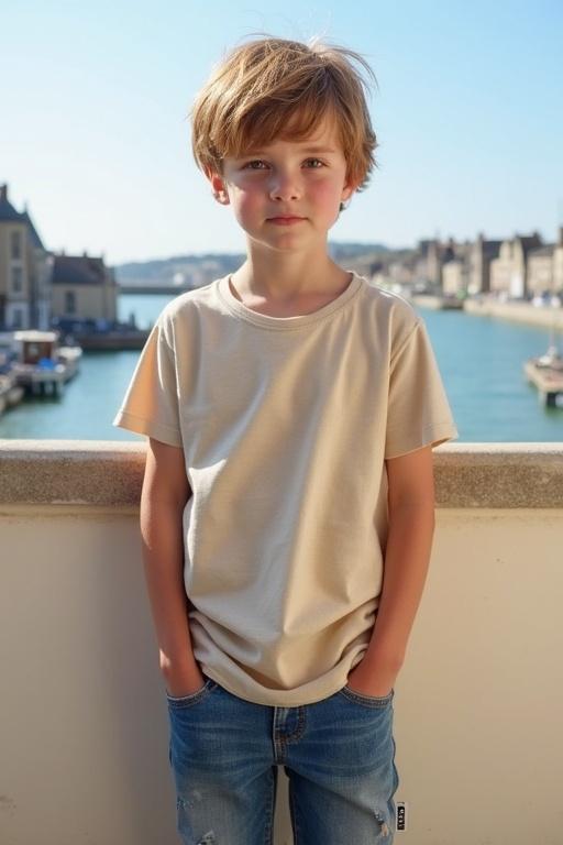 Young boy wearing a natural-colored T-shirt and blue jeans stands on a sunny balcony. He has light brown hair and looks shy. Background shows a calm harbor in Normandy. Scene feels peaceful and serene.