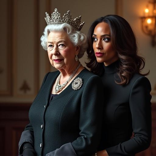 A blend of historical and fictional elements. Queen Elizabeth II dressed in regal attire resembling a vampire hunter and Kamala Harris in a sleek black outfit also styled as a vampire hunter. Set in a luxurious interior resembling Tokyo. Both subjects exude confidence and strength with a vampire hunting theme.