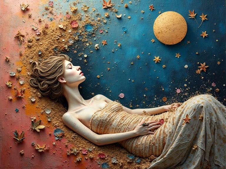 Mixed media artwork depicting a serene figure in a layered, abstract environment. The figure lies amidst textured elements combining wood, sand, and shimmering confetti. The color palette features vibrant blues, oranges, and golds to create a magical depth. Focus on intricate details and a stunning composition.