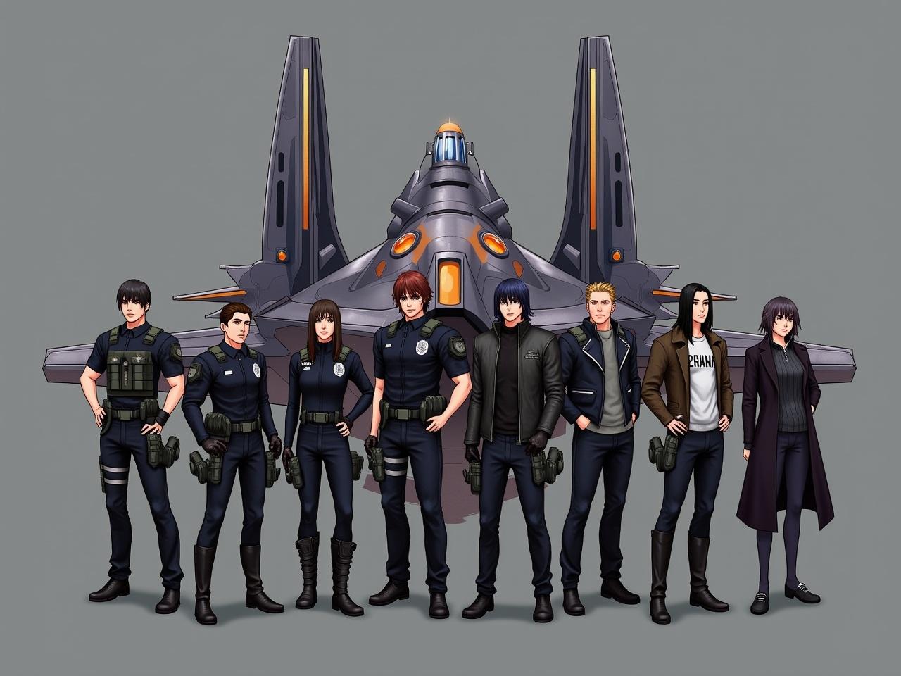 The image shows a group of eight characters standing in front of a spaceship. The characters appear to be dressed in various outfits. Some are wearing police uniforms equipped with tactical gear, while others have more casual attire, including a leather jacket and a long coat. The background is a solid color, which emphasizes the characters and the spaceship behind them. The spaceship has a futuristic design with sharp lines and vibrant colors. Overall, the scene looks like it could be from a sci-fi game or film.