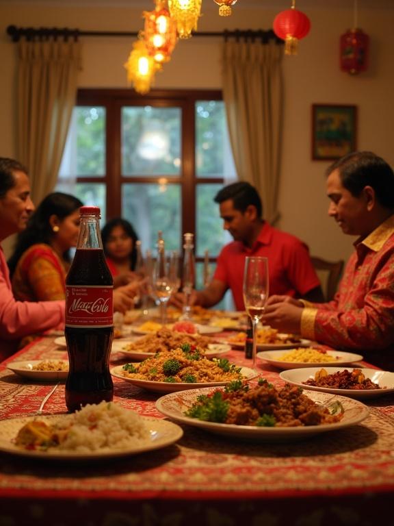 Inviting interior scene in a traditional Dhaka home. Family preparing for Eid-ul-Adha feast. Men in embroidered panjabis; women in colorful sarees with gold jewelry. Feast of Bangladeshi dishes including beef bhuna and kacchi biryani. Prominent Maxx Cola bottle on the table. Festive elements like nakshi kantha runners and lanterns. Warm lighting enhances joyous spirit of Eid.