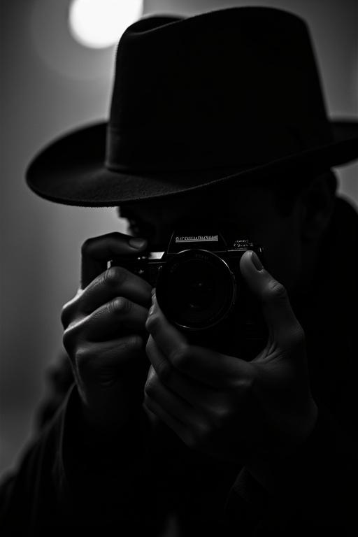 Close-up image of a man holding a vintage camera in a noir-style. He wears a 1960s fedora hat. The lighting is low and moody. The scene is grainy with a mysterious feel. The focus is on the silhouette and shape of the hat and hands.