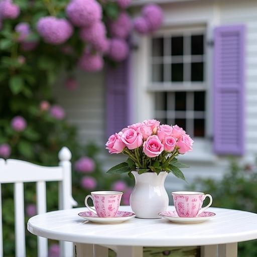 Pink rose tea set placed on a white patio table. A vase holds pink roses. Lavender hydrangeas drape from a white cottage decorated with lavender shutters.