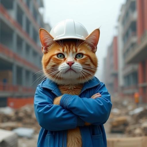 Realistic cat dressed in a white helmet and blue work jacket. The cat stands confidently on a construction site. The scene reflects Genba Neko style. The expression appears worried and tired, with arms crossed. The background shows a construction environment, hinting at an almost falling situation.