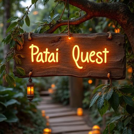 Wooden sign shows 'Patai Quest' warmly lit. Surrounded by greenery. Soft lantern light creates a cozy atmosphere. Inviting scene with a pathway.