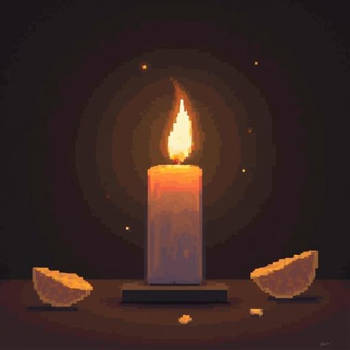 Scene depicting a candle inside a vacuum tube with a glowing flame. The background is dark with soft illumination creating a cozy atmosphere. Pieces of broken candle wax are scattered around.
