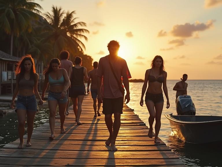 Seven hyperrealistic adults diverse men and women arriving tired and relieved at a small wooden dock or harbor on a tropical coastline stepping off small boats onto the weathered planks of the pier warm golden light reflecting on the calm water palm trees rustic buildings hinting at a peaceful refuge faces showing exhaustion mixed with relief and cautious hope cinematic lighting capturing emotional transition from survival to safety.