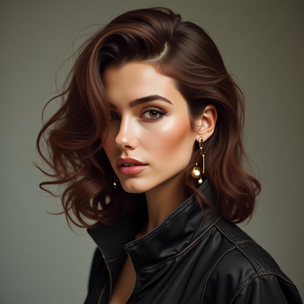 Arcane character with modern brown hairstyle. The character features elegant hair in soft curls. Sophisticated style depicted in a close-up profile view. Minimalist background emphasizes the hairstyle and character design.