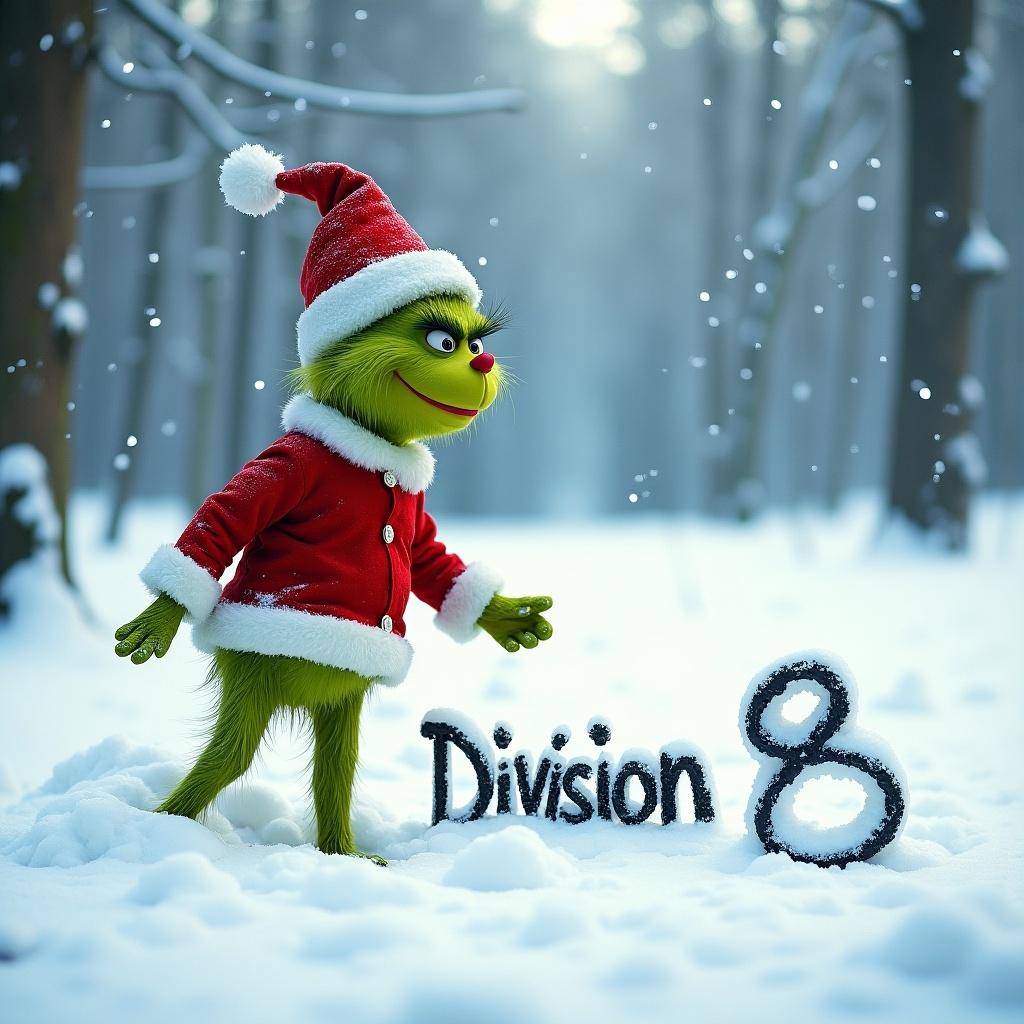 Grinch in red and white Christmas outfit writes in snow. He writes 'Division 8' happily. Snowy landscape surrounds him.