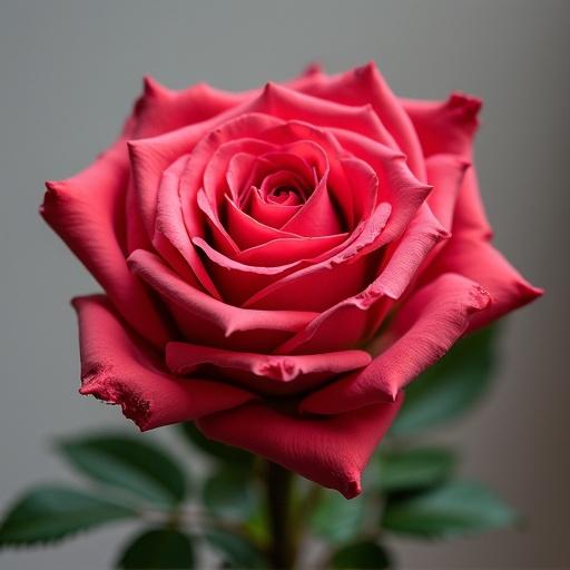 A perfect single rose in full bloom with vibrant colors and green leaves in the background