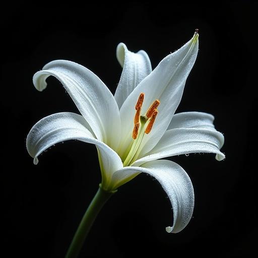 Close-up of a white lily set against a black background. Dewdrops glisten on the petals. Delicate silver fairy wings are subtly blended into the image. Artistic techniques include pointillism and a watercolor effect. The scene conveys beauty, aesthetics, and fantasy themes.