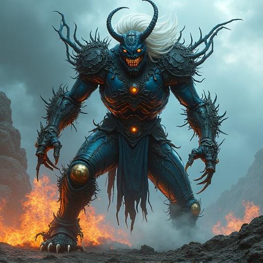 A towering, menacing figure clad in dark, organic armor with twisting spikes. The armor features a metallic blue exoskeleton and glowing bronze orbs. The skeletal face is grinning from beneath a horned helmet with a blue gem. Fiery light spills from cracks in the armor. The figure has wild white hair and massive clawed hands and feet.