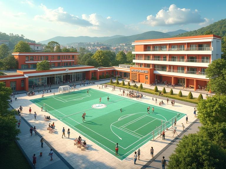 Modern school campus with vibrant design. Diverse facilities include sports fields, swimming pool, robotics lab, language rooms, multipurpose halls. Students and teachers engaged in after-school activities. Bright, inspiring atmosphere reflecting innovation and sustainability.