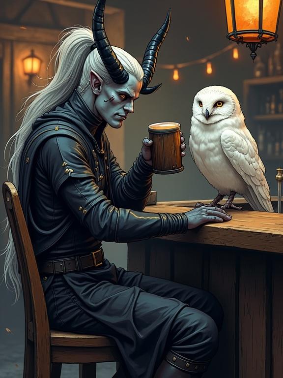 Comic-book-style digital illustration features a tall male tiefling with ash-gray skin and amber eyes. He has long silver hair in a ponytail and sleek black curved horns. Two thin scars cross his cheekbones. Dressed in platte pants and leather boots, he sits at a bar with a wooden mug. Next to him is a white owl. The scene has artistic shading and soft cel shading.