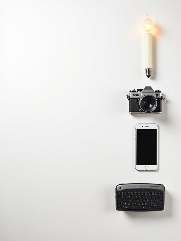 Flat lay of old and modern inventions on white background. Items include candle, light bulb, vintage camera, smartphone, typewriter, and laptop. Balanced composition with soft lighting. Minimalist aesthetic for educational purposes.