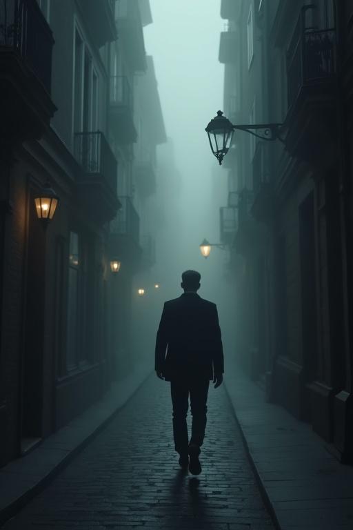 A man walks alone in a dark urban alley surrounded by brick buildings. Thick fog obscures the path symbolizing obstacles. The atmosphere is mysterious with street lamps casting soft light through the haze. The man is dressed in modern clothing and shows a determined posture while moving forward despite difficulties.