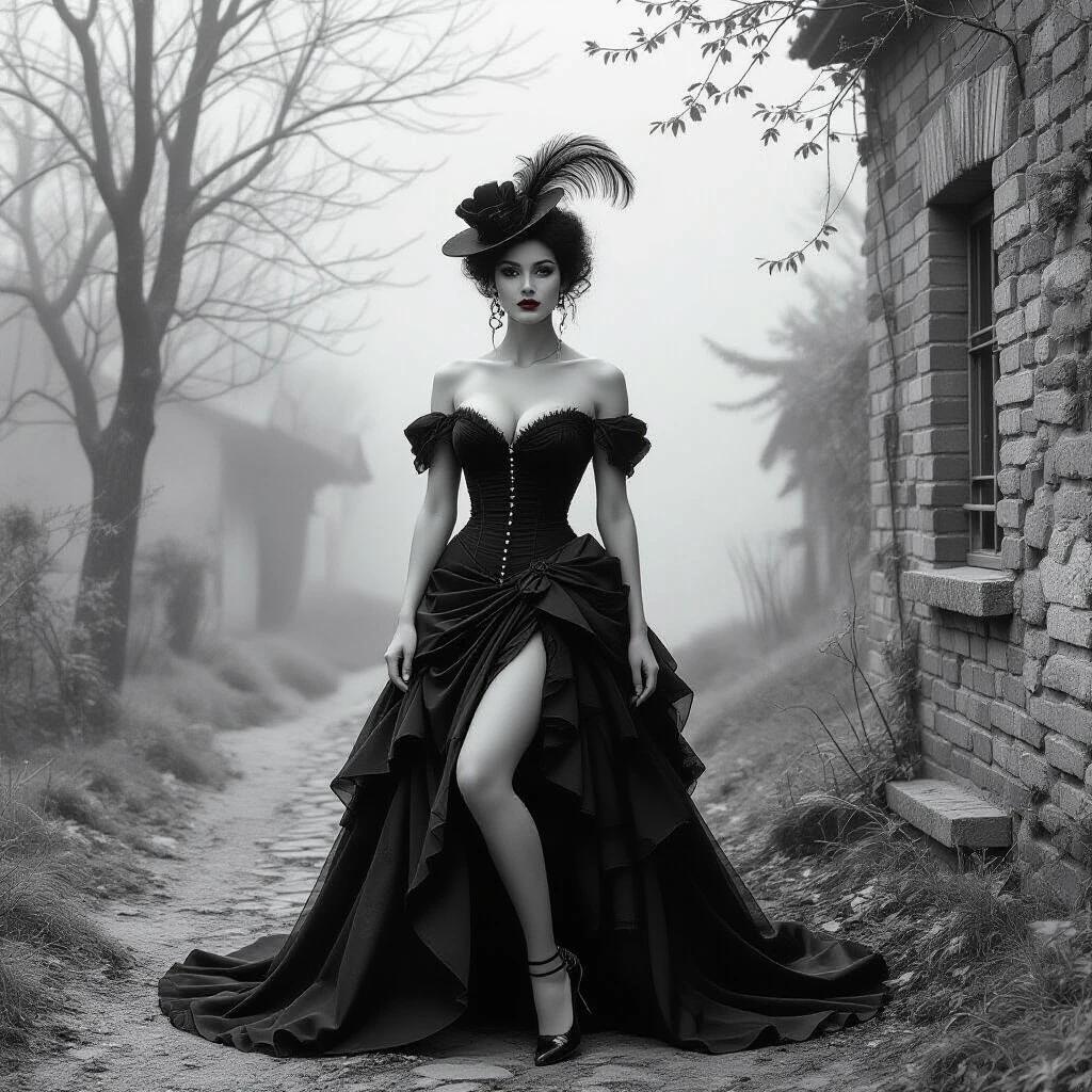 A surreal scene featuring a woman dressed in a lavish black gown. The background shows a foggy pathway and bare trees. The overall atmosphere is dark and beautiful, showcasing elegance and voluptuousness.