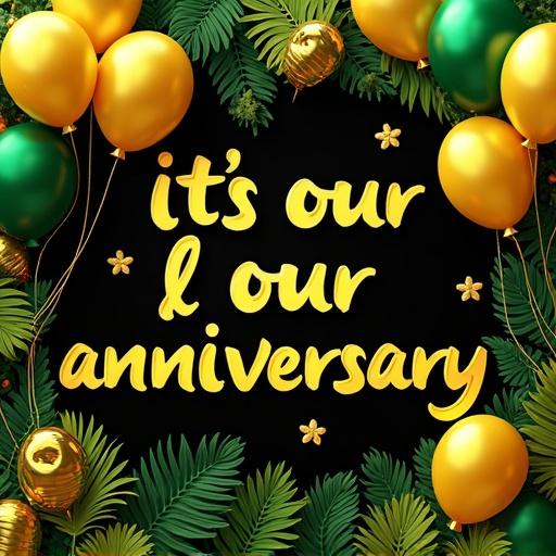 Create an anniversary sign featuring vibrant colors. Display balloons and tropical decorations. Highlight the message about Veronica & LeRoy Robinson prominently.