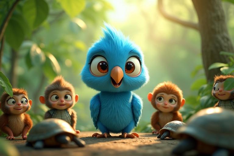 A 3D animated scene in the Sundarbans. Neela, a cartoon blue parrot, stands upright with monkeys and turtles around her. Bright feathers and expressive eyes convey pride and cheerfulness. Sunlight shines through detailed leaves.