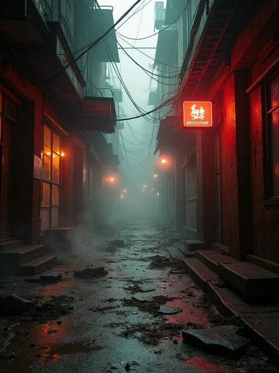 Photorealistic depiction of a dilapidated alleyway with dusty air. Smoke fills the atmosphere. Flames flicker on the walls. Neon light creates shadows. A tense and gritty scene is shown. The image is shot from a low angle with depth of field and motion blur.