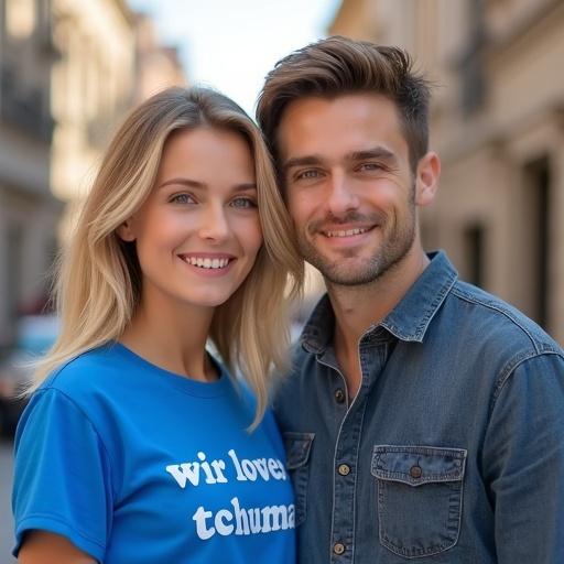 Blonde woman just became president of Germany. She wears blue shirt with wir lieben tschuma text. She stands next to a Russian man and a brown-haired girl with hazel eyes. Group appears happy outside.