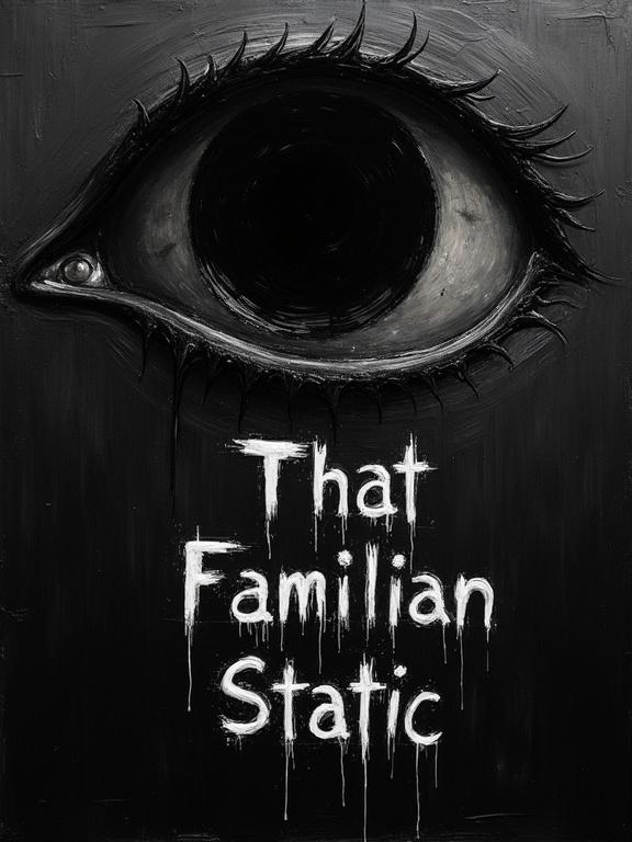 An extremely rough oil sketch on a textured black background features a giant silhouette eye in the top right corner. The eye contains a cosmic void. Below the eyelid, white distorted shadows spell out 'That Familiar Static' in scratchy rough lettering.