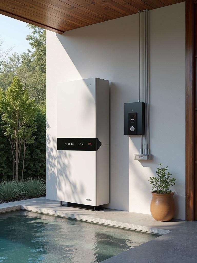 Display a modern heat pump adjacent to a swimming pool in a luxury home. The setting includes vegetation and sleek outdoor design elements. Focus on the solar and inverter setup along with an EV charger for energy sustainability.