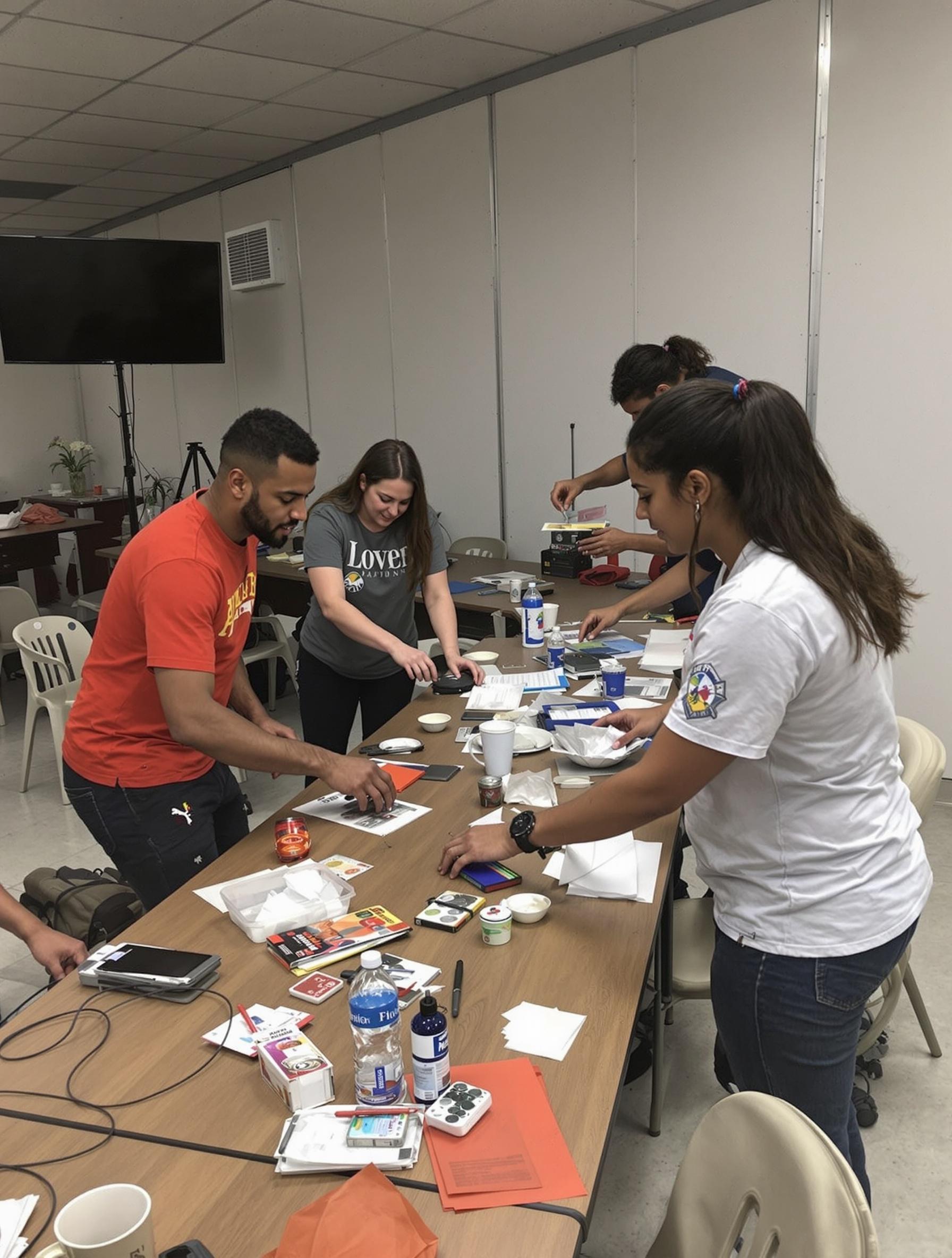 Four teams participate in a competitive team building event. Participants are gathered around a table with various materials and tools. The atmosphere is dynamic with teamwork and interaction among members. Everyone is focused on completing their tasks.