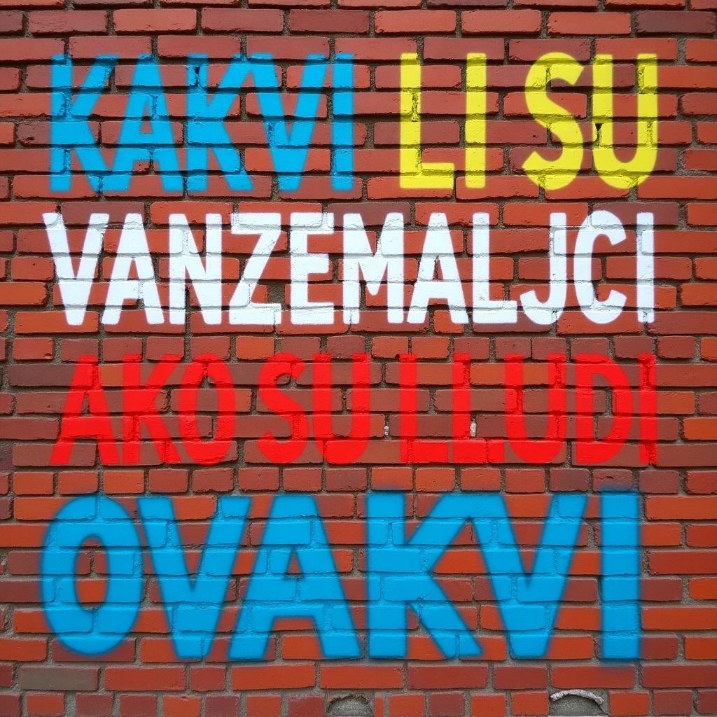 Brick wall with spray painted text. The text in bright colors reads KAKVI LI SU VANZEMALJCI AKO SU LJUDI OVAKVI.