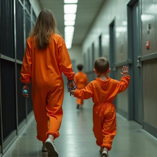 A mother and her two children walk in a jail. Children wear bright orange jumpsuits. They are handcuffed. Children wave goodbye with oversized pacifiers. Scene unfolds in a jail corridor. The children watch as the mother leaves them behind.