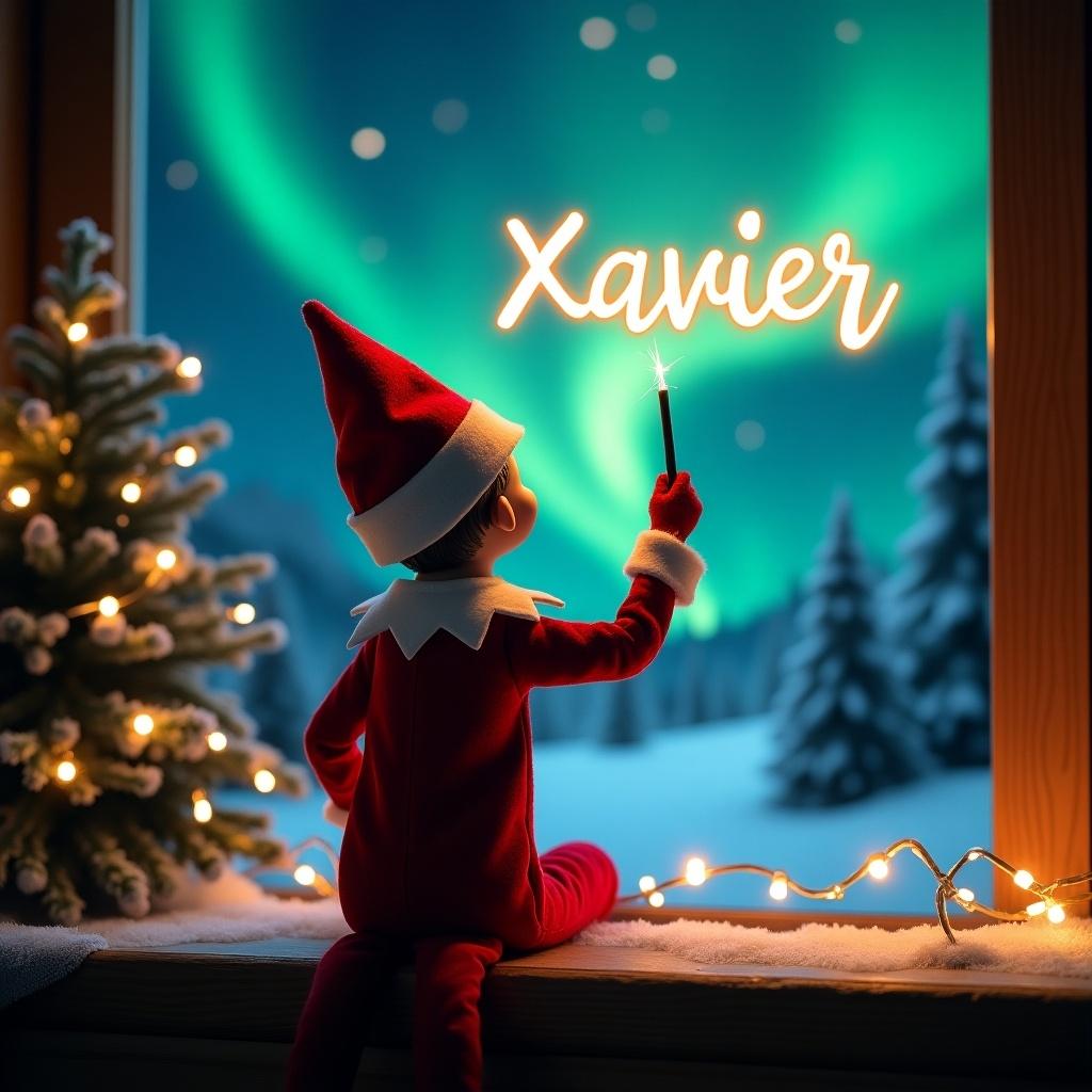 This enchanting image captures a festive Christmas scene with an elf on the shelf. The elf, dressed in a traditional red and white outfit, faces a breathtaking backdrop of northern lights. With a magic wand in hand, the elf is writing 'Xavier' in sparkling letters above him. The ambiance is filled with holiday cheer, enhanced by the lush Christmas tree nearby. This scene radiates wonder and joy, perfectly embodying the playful spirit of the season.