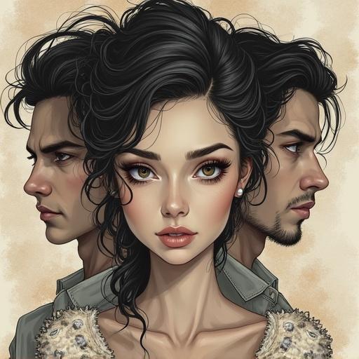 Drawing of a woman with short brown hair and brown eyes with two men with dark hair in a fantasy world.