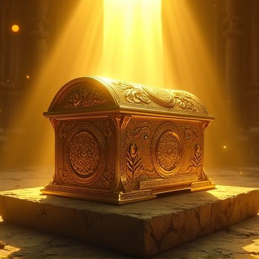 A golden sacred ark rests on a stone pedestal. Warm yellow sunlight bathes the ark. Crafted from pure gold. Intricate mystical engravings cover the surface. Filigree patterns and ancient symbols glow faintly. Ornamental reliefs of mythical creatures and vines adorn it. The light reflects on the polished metal, casting glowing highlights. The background is subtle. Dust motes dance in the sunbeams.
