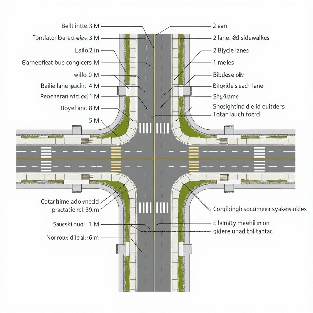 Urban road design layout showcasing cross-sectional elements.