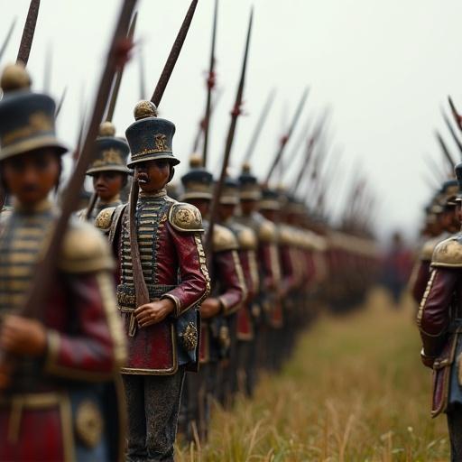 An army of tin soldiers. Stylized representation of Napoleonic wars. Focus on Battle of Borodino. Visible rows in military formation.