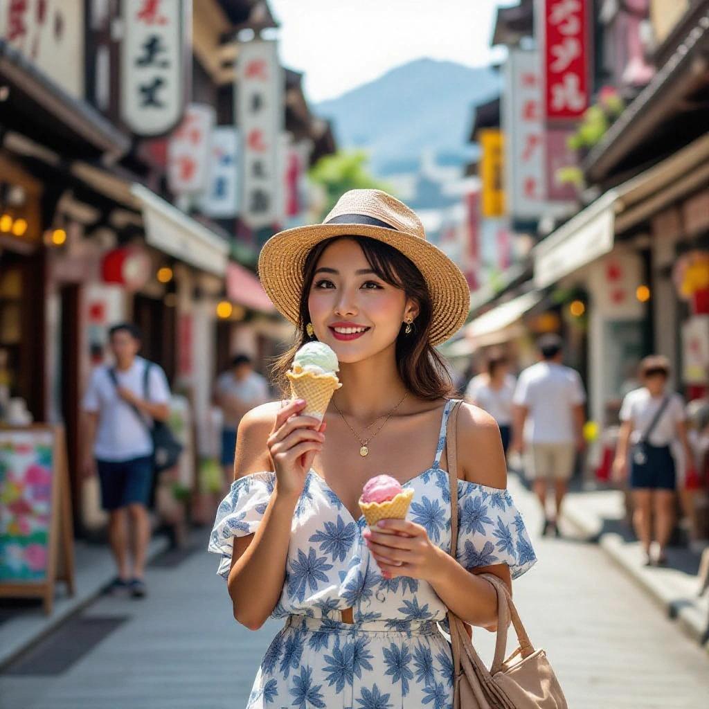 A woman walks through a lively summer tourist destination. She enjoys ice cream cones. The scene includes shops and vibrant street details.