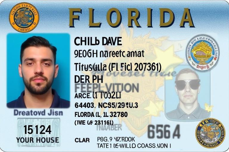 The image depicts a Florida driver's license. It features a holder's photo and personal details. The design includes an ID number and state logos. The color scheme is light blue with gold accents. The layout is clear and organized, reflecting a government-issued ID's authenticity.