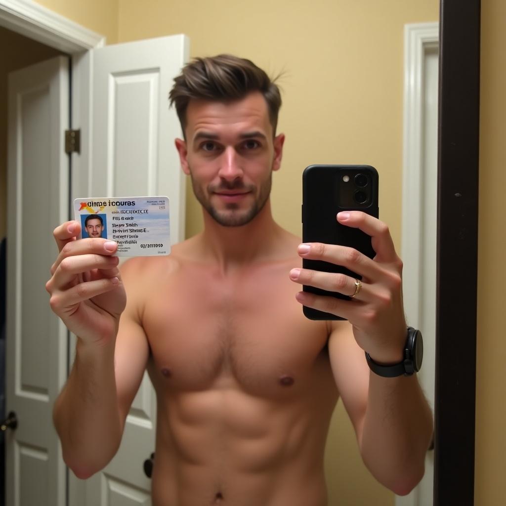 A Caucasian male stands in a bathroom holding a Florida Drivers License. He is shirtless and presents the ID clearly in his right hand. In his left hand, he holds his iPhone. The bathroom has beige walls, creating a neutral background. The mirror reflects his face, and the ID details are visible. The image has bright lighting, enhancing the clarity of the scene. He appears confident and relaxed, making it a casual yet informative snapshot.