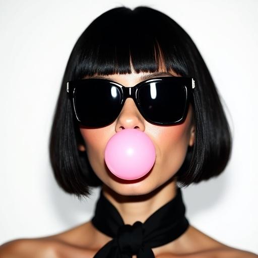 High-fashion portrait of a woman with sleek dark bob haircut and heavy bangs. Large black sunglasses on her face. Blowing light pink bubble gum. Pure white background. Harsh dramatic lighting with deep shadows. Smooth warm-toned skin. Wearing black necktie or scarf. Symmetrical centered composition with futuristic look. Ultra-high resolution with sharp contrast and minimalistic styling.