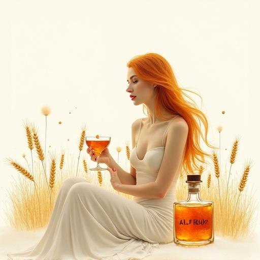 Minimalist watercolor painting of a modern topless Ceres goddess seated in a barley field. She has flowing golden-reddish hair. Soft ethereal light bathes her. She holds a cocktail glass at chest level with shimmering lips. An apothecary bottle labeled 'ALFRUNO' filled with glowing elixir rests nearby. A cork lid and elegant tag are on the bottle. The style is simple and elegant, inspired by Japanese watercolor, evoking mystery and tranquility. Dominant colors are gold, white, gray, and reddish-gold.
