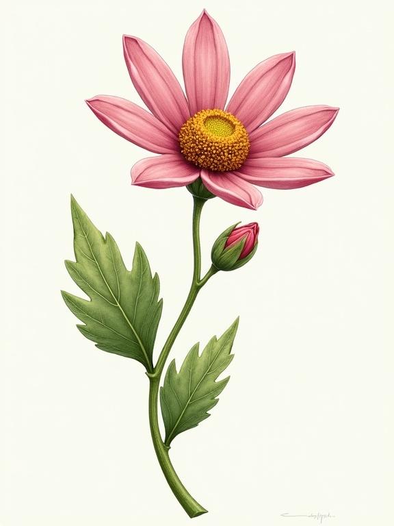 Detailed illustration of a single wildflower with intricate petals and leaves. Focus on a pink flower with a yellow center and green leaves. Include a budding flower on the stem.