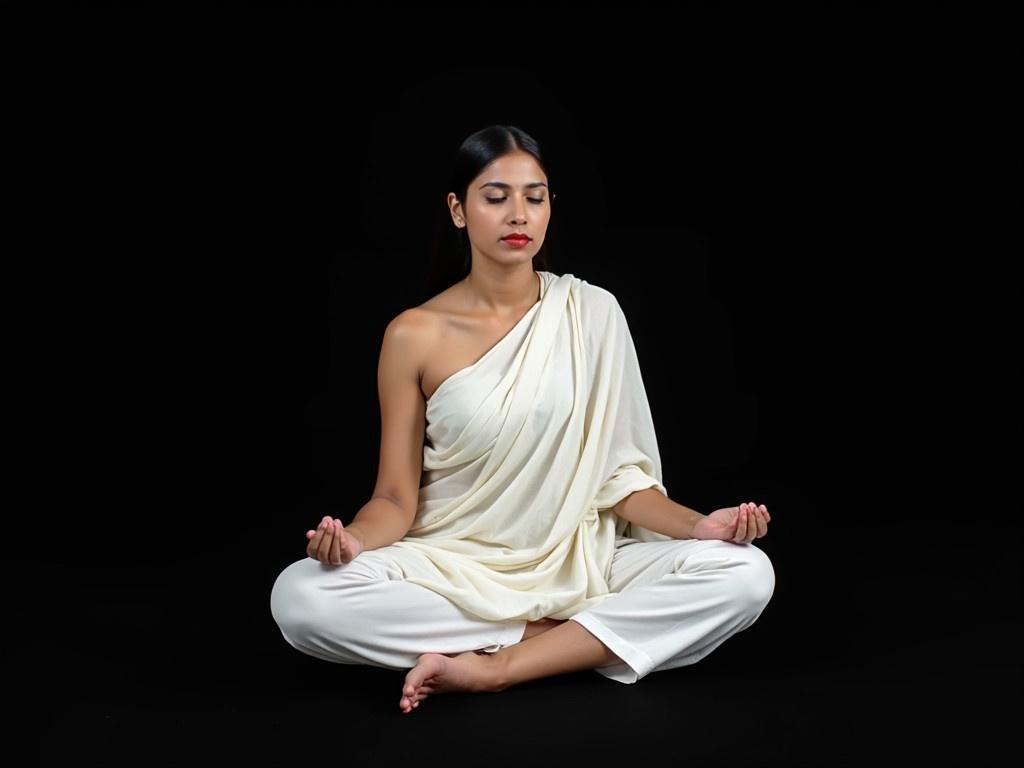 The image shows a woman sitting cross-legged on the ground. She is dressed in a traditional white sari, indicative of cultural attire. The background is completely black, emphasizing her figure and clothing. The woman appears serene and calm, with her arms resting on her knees. There is a sense of tranquility in her posture, as if she is meditating or reflecting. Her hair is neatly tied back, further contributing to her composed appearance.