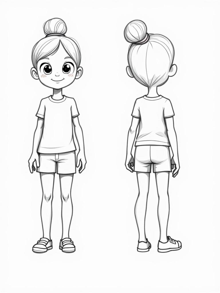 Blueprint character design of a young girl in cartoon style. Body shown in front, side, and back views. Stylized and youthful proportions. Slender body with elongated limbs. Focus on basic anatomy. Clean lines and simple details.