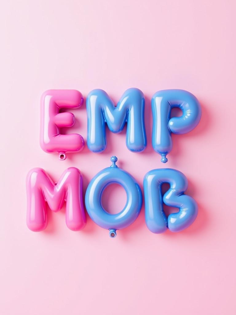 Lively 3D balloon letters form the words 'EMPMOB'. Vibrant pink color for 'EMP' contrasted with bright blue for 'MOB'. Background is a pale pink, enhancing visibility. The letters appear glossy and inflatable with a playful visual effect.