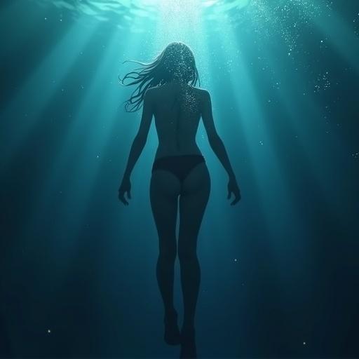 Young woman swimming underwater in a horror anime style. Bright lights coming from above create an ethereal appearance. Bright underwater scene with a mysterious vibe.