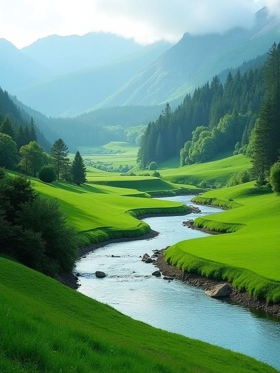 A beautifully manicured landscape features a winding river flowing through lush green meadows and surrounded by rolling hills and forested mountains. Vibrant greenery and crystal-clear water create a peaceful and elegant scene.