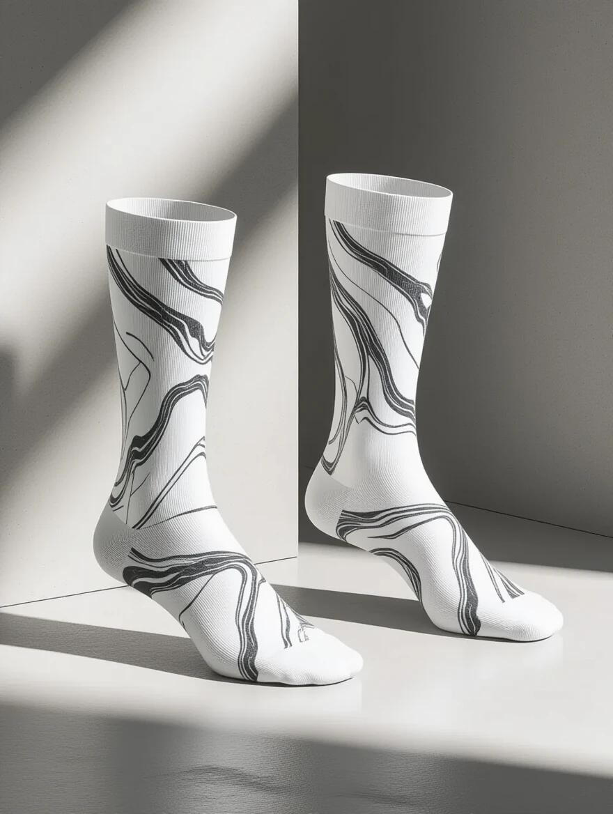 Mockup displays athletic compression socks. Socks have a white base with realistic gray and black marble veins. Compression zones integrated into design. Presented on a minimalist concrete surface. Shadows create geometric patterns. Side lighting enhances textures. One sock is upright. One sock is laying flat. Modern architectural photography style with clean lines.
