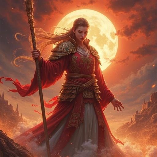 A majestic figure in robes holds a staff. The background features a large, glowing moon. The character is stylish and powerful, with a focus on grandeur. Rich colors dominate the scene creating a mystical ambiance.