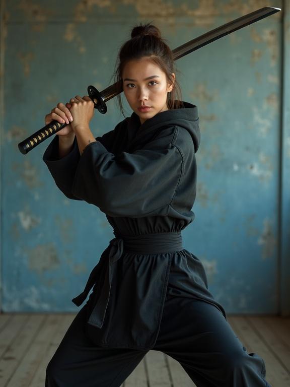 Young woman in dynamic stance with a katana. Standing on a wooden floor. Weathered blue-grey concrete wall in the background. Right hand gripping the katana tightly. Left hand relaxed at her side. Wearing form-fitting black martial arts outfit. Lighting creates warm golden-hour glow and soft shadows. Film style with textured grain and high contrast.